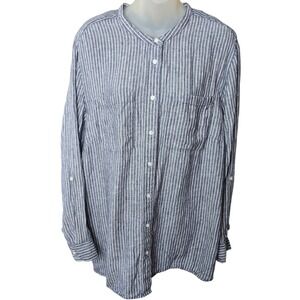 Lands End Womens Preppy Striped Linen Button Down Shirt Size 2X Blue White